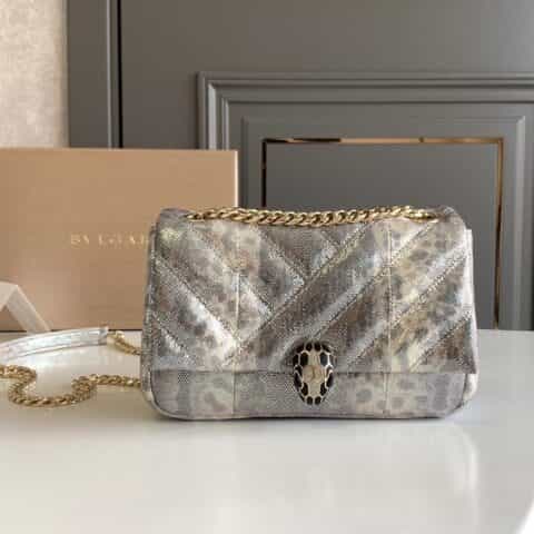 BVLGARI宝格丽"Sprpenti Forever "乳蛋白石色金属质感水蛇皮肩背包287993