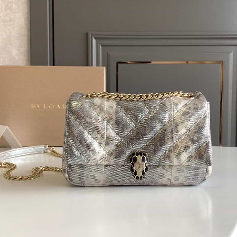 BVLGARI宝格丽"Sprpenti Forever "乳蛋白石色金属质感水蛇皮肩背包287993