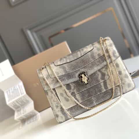 BVLGARI宝格丽"Sprpenti Forever "乳蛋白石色金属质感水蛇皮肩背包38326