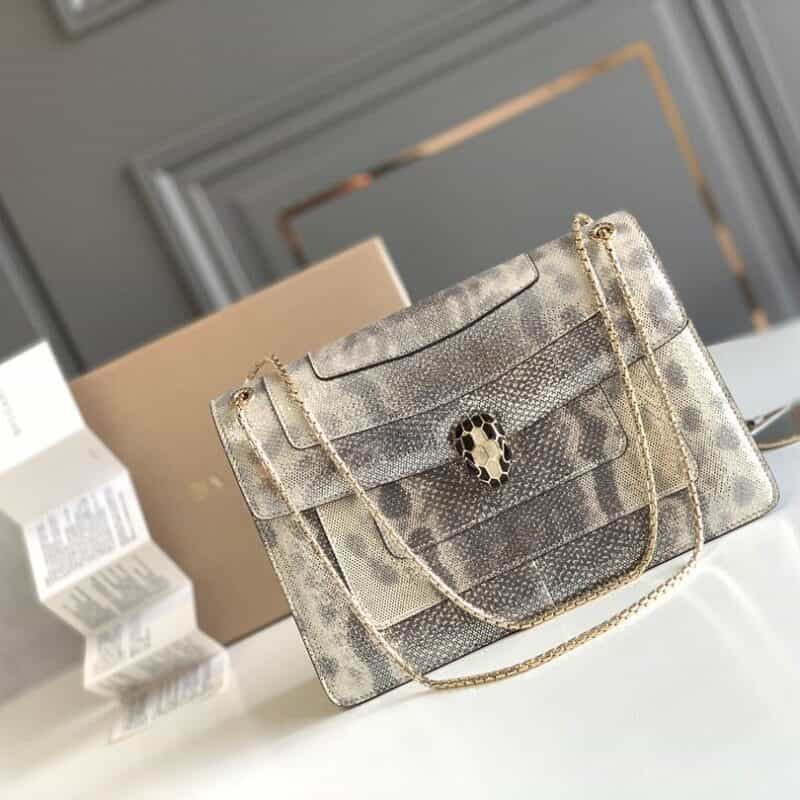 BVLGARI宝格丽"Sprpenti Forever "乳蛋白石色金属质感水蛇皮肩背包38326