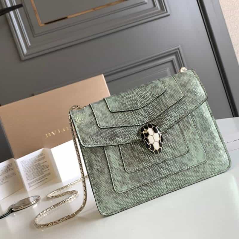 BVLGARI宝格丽"Sprpenti Forever "薄荷绿金属质感水蛇皮肩背包61879