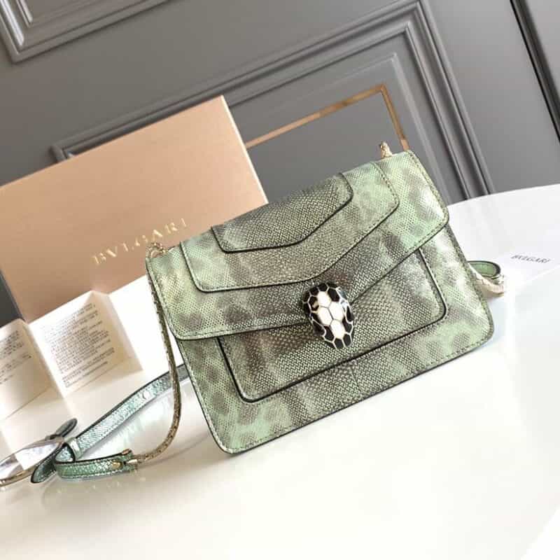 BVLGARI宝格丽"Sprpenti Forever "薄荷绿金属质感水蛇皮肩背包289672