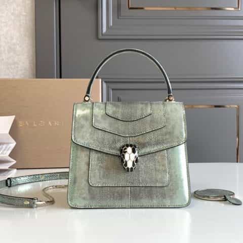 BVLGARI宝格丽"Sprpenti Forever "薄荷绿金属质感水蛇皮手提包38329