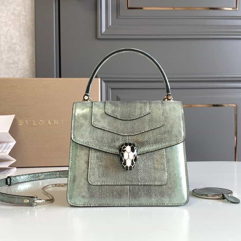 BVLGARI宝格丽"Sprpenti Forever "薄荷绿金属质感水蛇皮手提包38329