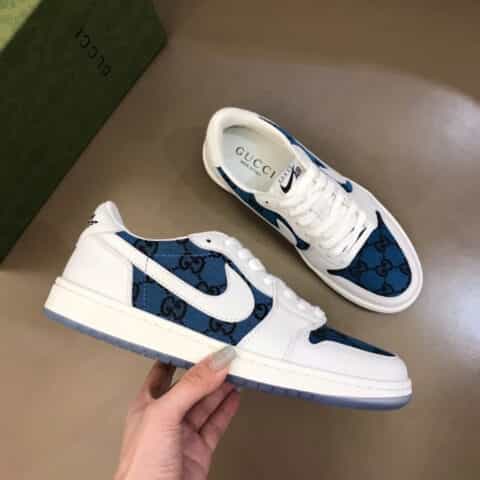 Nike & Gu～r  小牛皮拼牛仔帆布制成联名系带低帮休闲运动鞋