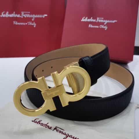 Salvatore Ferragamo菲拉格慕  精致金属拉丝扣头头层牛皮纹理3.5cm男士腰带