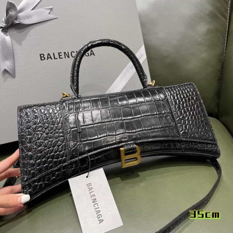 Balenciaga Hourglass Plus加长版沙漏包 654946鳄鱼纹黑色金扣