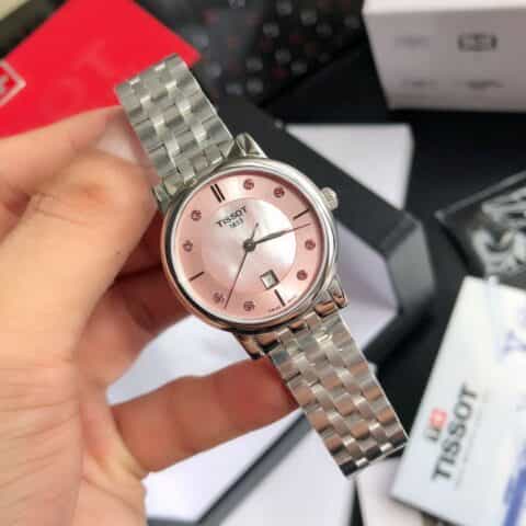 天梭 新款卡森臻我简约粉贝母表盘砖石刻度石英钢带女表T122系列瑞士ETA进口机芯