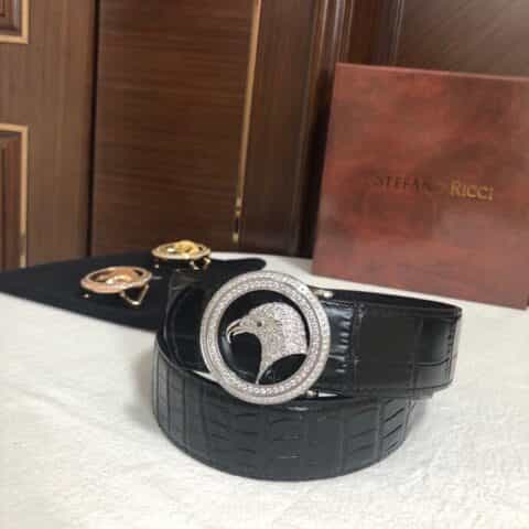 STEFANO RICCI史蒂芬.劳尼治专柜款精钢鹰头双圈镶嵌钻挂扣头层牛皮腰带3.5cm