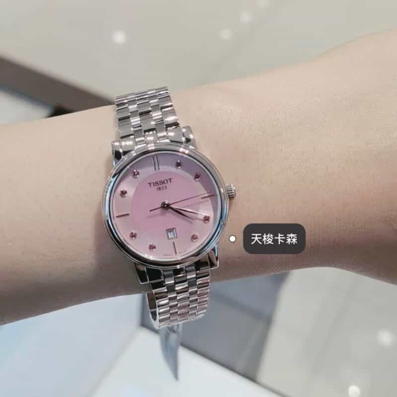 天梭 新款卡森臻我简约粉贝母表盘砖石刻度石英钢带女表T122系列瑞士ETA进口机芯