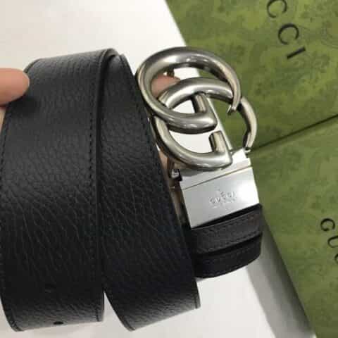 Gucci古驰    G字旋转金属夹扣头层牛皮荔枝纹理腰带37mm