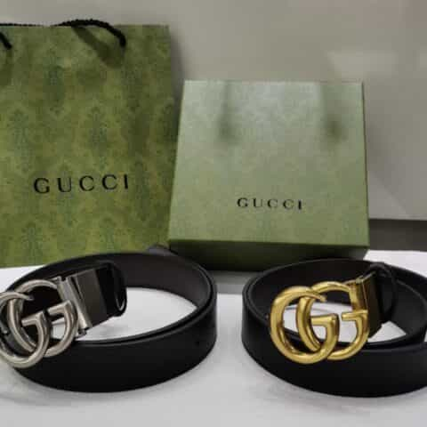 Gucci古驰    G字旋转金属夹扣头层牛皮荔枝纹理腰带37mm