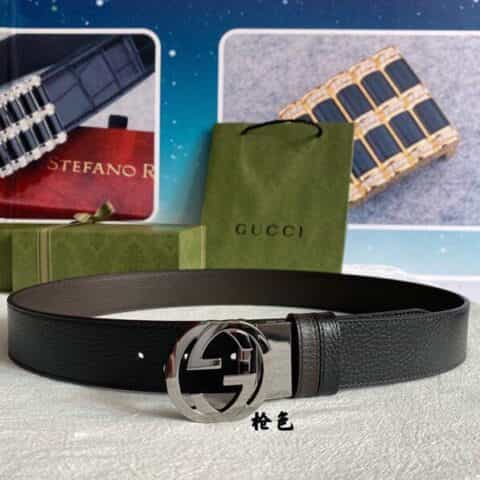 Gucci古驰  G字旋转金属夹扣头层牛皮荔枝纹理37mm