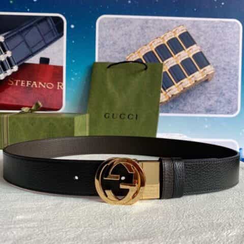Gucci古驰  G字旋转金属夹扣头层牛皮荔枝纹理37mm