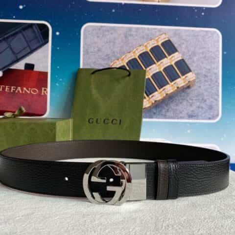 Gucci古驰  G字旋转金属夹扣头层牛皮荔枝纹理37mm