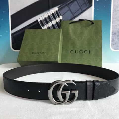Gucci古驰  G字旋转金属夹扣头层牛皮荔枝纹理37mm