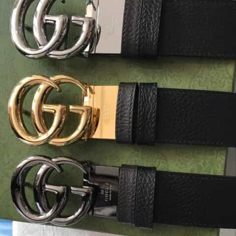 Gucci古驰  G字旋转金属夹扣头层牛皮荔枝纹理37mm