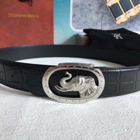 STEFANO RICCI史蒂芬.劳尼治专柜款精钢大象金属挂扣3.8cm头层牛皮精仿鳄鱼皮腰带