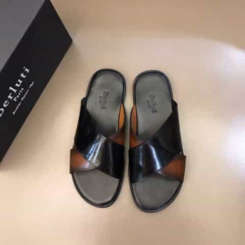 Berluti伯鲁提   进口头层牛皮高端真皮大底夏季男士拖鞋