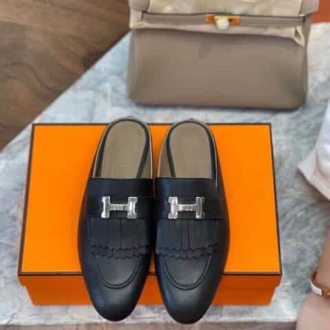 HERMES-爱马仕  法国羊京皮私人定制H家皮纹经典H扣半拖