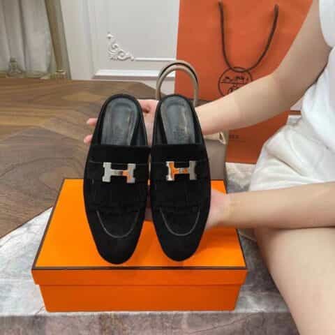 HERMES-爱马仕  法国羊京皮私人定制H家皮纹经典H扣半拖
