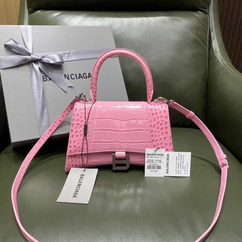 Balenciaga Hourglass S 鳄鱼纹沙漏包 593546樱花粉银扣