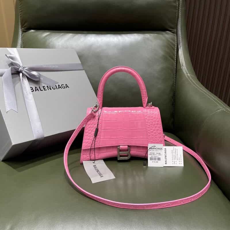 Balenciaga Hourglass S 鳄鱼纹沙漏包 593546粉色银扣