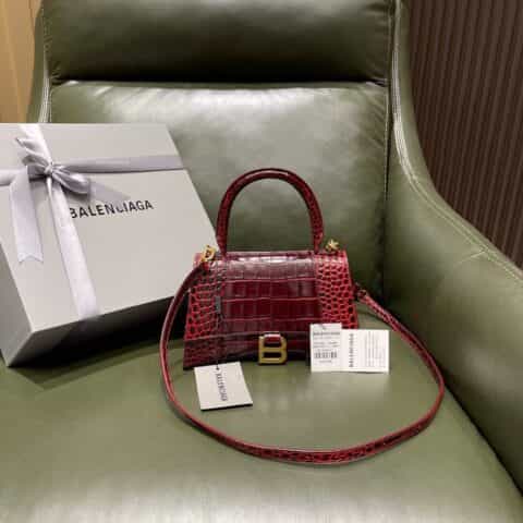 Balenciaga Hourglass S 鳄鱼纹沙漏包 593546酒红色金扣