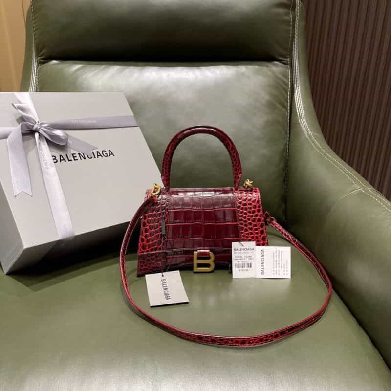 Balenciaga Hourglass S 鳄鱼纹沙漏包 593546酒红色金扣