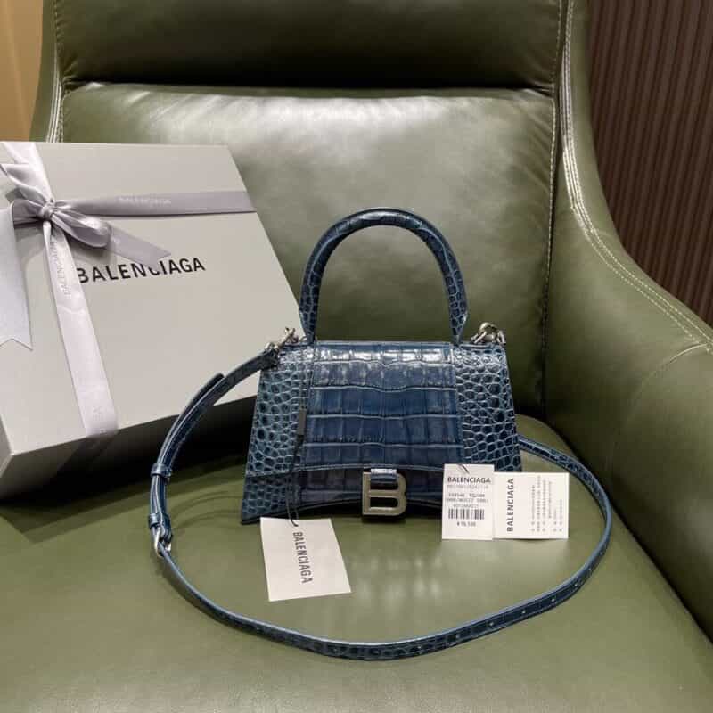 Balenciaga Hourglass S 鳄鱼纹沙漏包 593546蓝色银扣