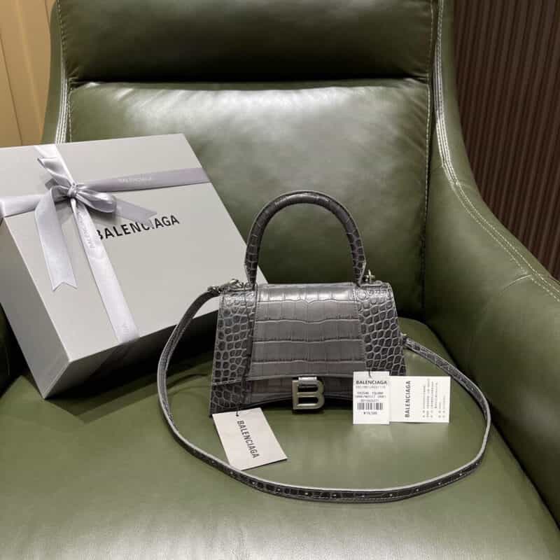 Balenciaga Hourglass S 鳄鱼纹沙漏包 593546灰色银扣
