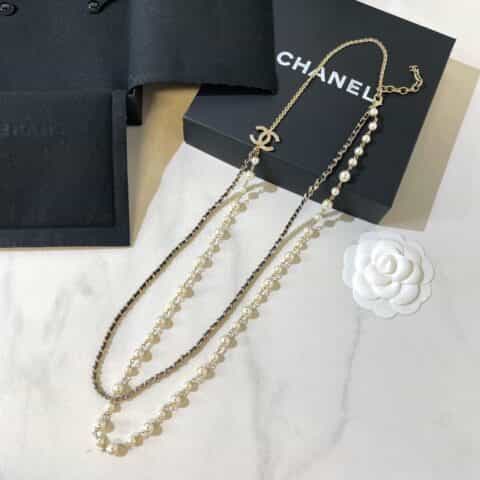2021新款CHANEL香奈儿双c珍珠双层黑皮绳项链