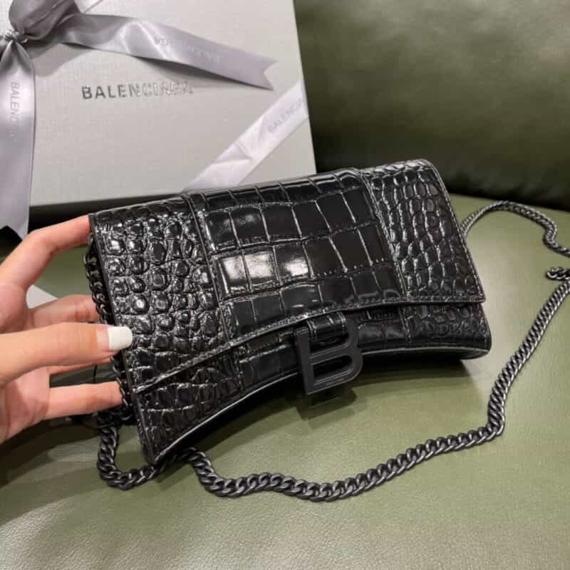 Balenciaga Hourglass 19.5 链条款沙漏包 656050鳄鱼纹黑色黑扣