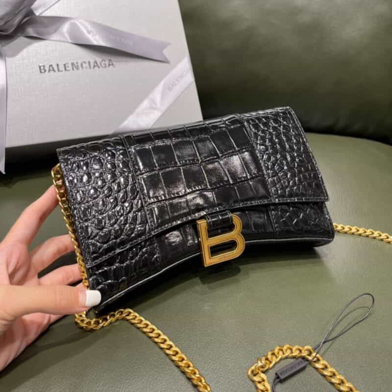 Balenciaga Hourglass 19.5 链条款沙漏包 656050鳄鱼纹黑色金扣