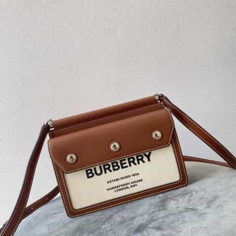 Burberry巴宝莉双色帆布拼缉明线皮革帆布包
