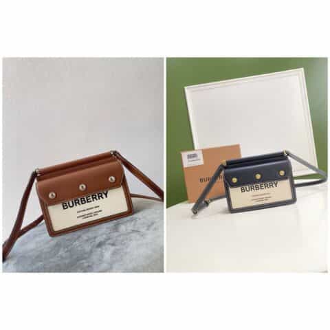 Burberry巴宝莉双色帆布拼缉明线皮革帆布包