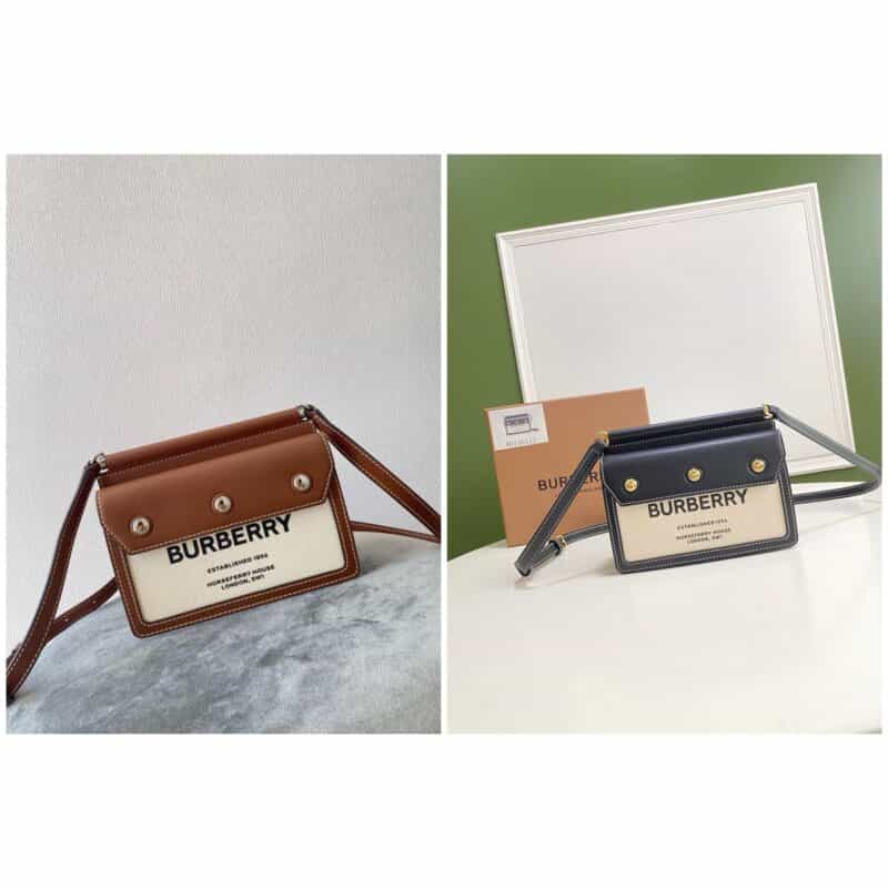 Burberry巴宝莉双色帆布拼缉明线皮革帆布包
