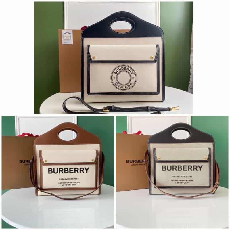 Burberry巴宝莉牛皮配帆布托特包