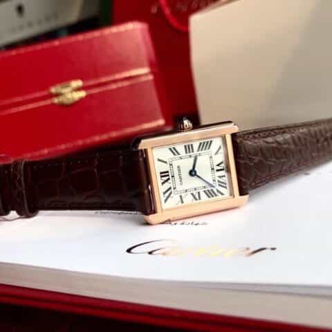 美洲鳄鱼皮18k玫瑰金镀层小坦克石英腕表