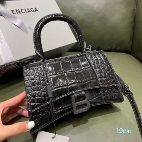 Balenciaga Hourglass XS 鳄鱼纹沙漏包 592833黑色黑扣