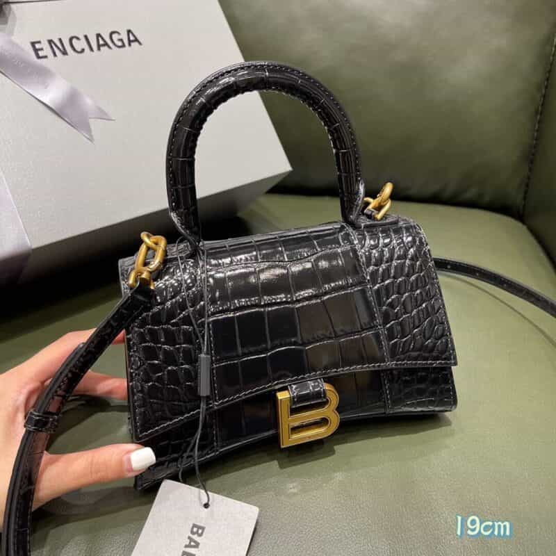 Balenciaga Hourglass XS 鳄鱼纹沙漏包 592833黑色金扣