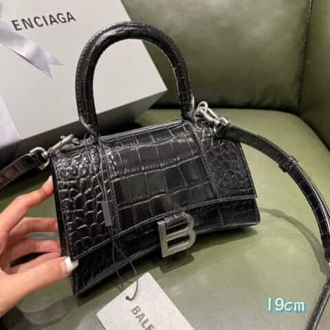 Balenciaga Hourglass XS 鳄鱼纹沙漏包 592833黑色银扣