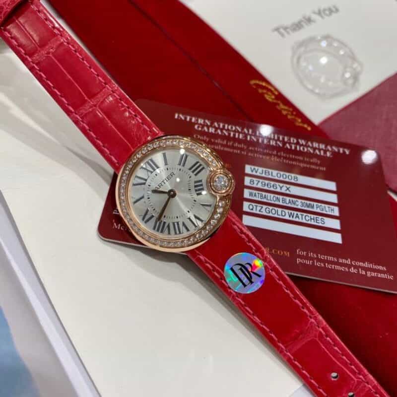 鳄鱼皮 最新配色“草莓粉” DR厂卡地亚新款白气球系列44颗小钻18k金电镀女表