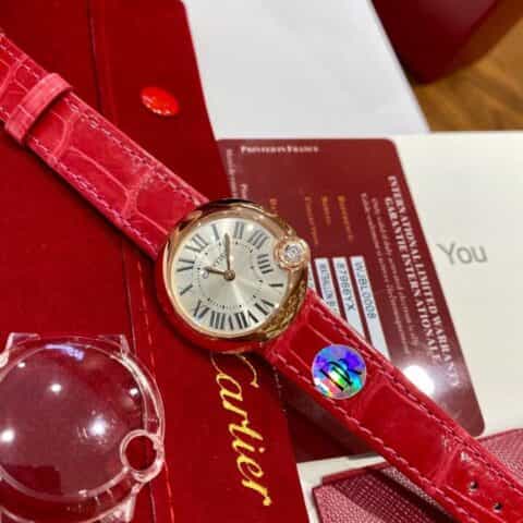 鳄鱼皮 最新配色“草莓粉” DR厂卡地亚新款白气球系列44颗小钻18k金电镀女表