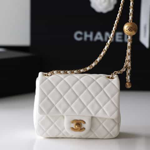 Chanel Flap Bag CF Mini羊皮方胖子金球包 AS1786白色