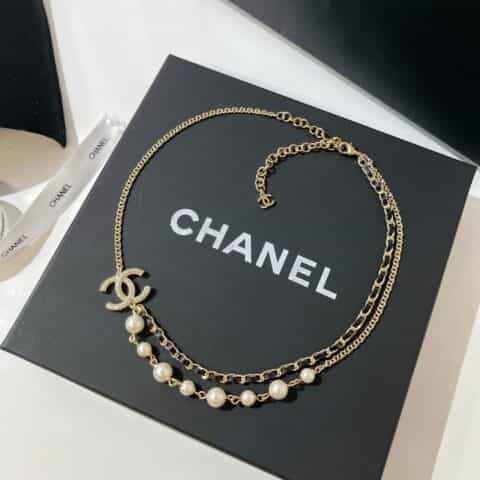 2021新款CHANEL香奈儿双层双c珍珠黑皮绳项链