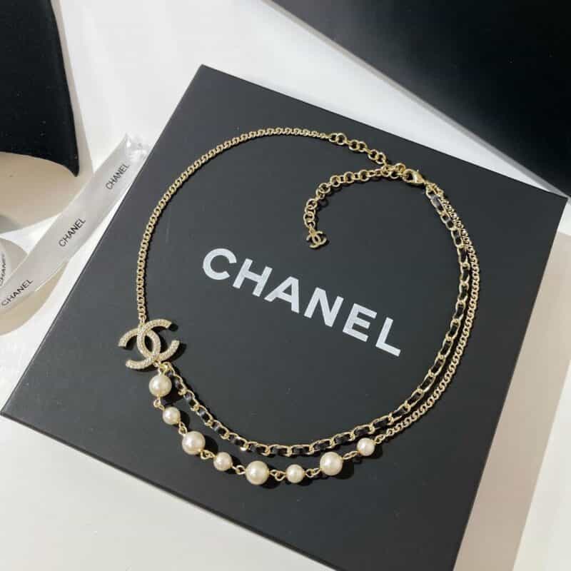 2021新款CHANEL香奈儿双层双c珍珠黑皮绳项链