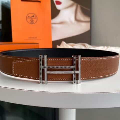HERMES-爱马仕  双h镶嵌钻金属扣男士3.8cm腰带