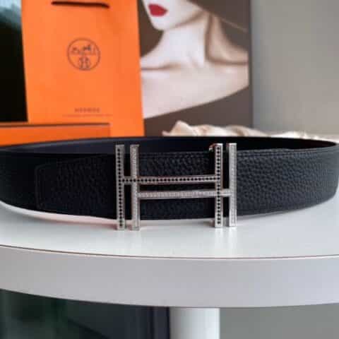 HERMES-爱马仕  双h镶嵌钻金属扣男士3.8cm腰带