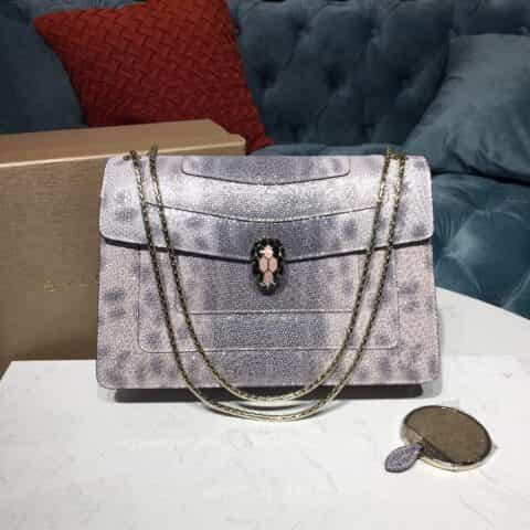 BVLGARI宝格丽粉晶色金属质感水蛇纹双层肩背包38326